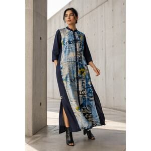 Editorial Abstract Graphic Maxi Tunic Dress Text Print Artsy Indie Blue Sz 14